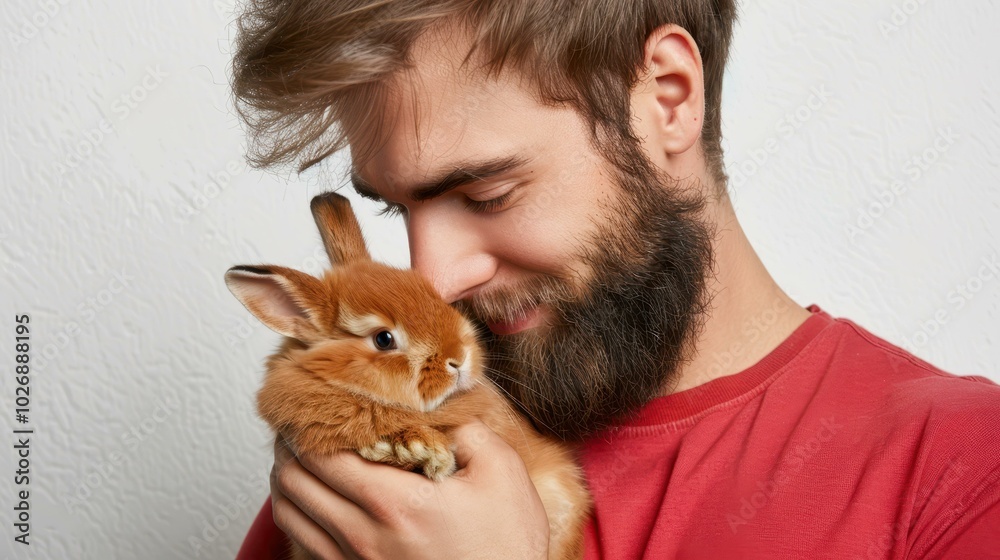 A muscular man in a tight shirt shows off his strength while cuddling his adorable pet rabbit, showcasing their bond. A muscular man in a tight shirt shows off his strength while cuddling his adorable pet rabbit, showcasing their bond.