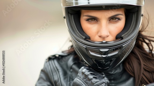 Fierce biker woman in a sleek helmet and leather outfit, exuding confidence and strength with every glance.