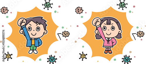 ウイルスを撃退する男の子と女の子