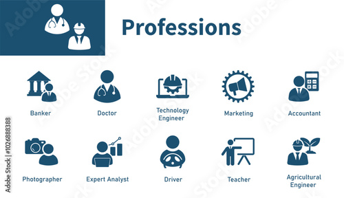 Icon of professions. Set of symbols on work topics, specialties, doctors, engineers, teachers, drivers. Solids vector symbol.