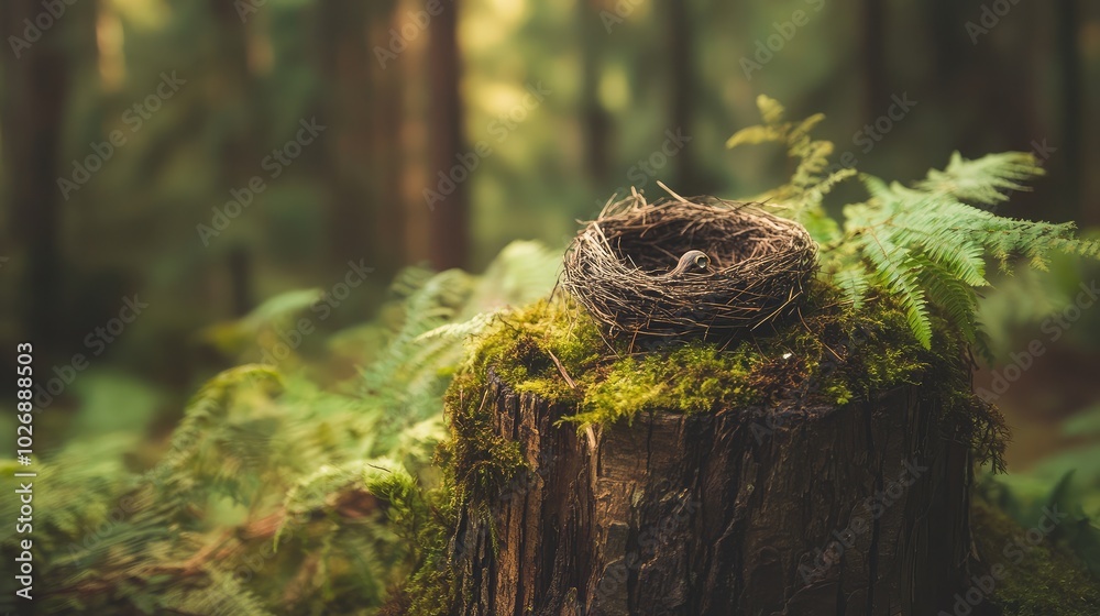 Serene Bird Nest on Mossy Tree Stump in Forest Setting Serene Bird Nest on Mossy Tree Stump in Forest Setting
