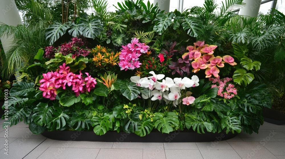 Vibrant Floral Display with Tropical Plants and Leaves Vibrant Floral Display with Tropical Plants and Leaves