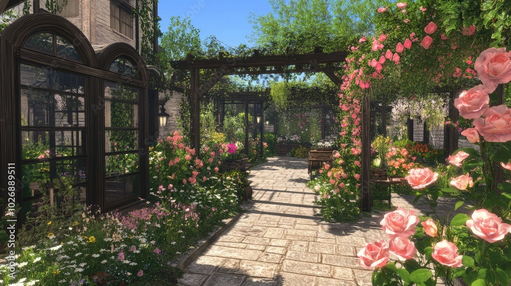 Serene Garden Pathway with Blooming Roses Serene Garden Pathway with Blooming Roses
