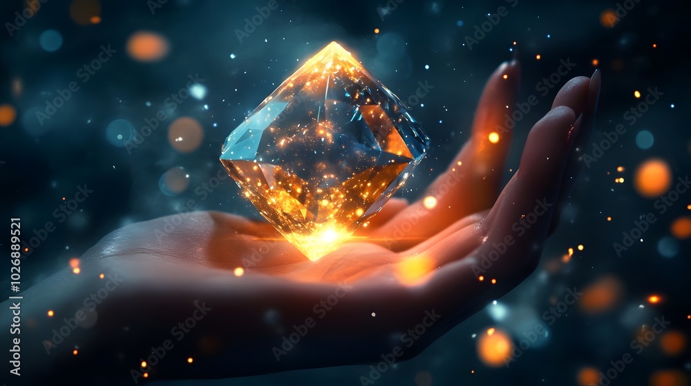 Glowing Diamond Held in a Hand with Sparkling Dust Glowing Diamond Held in a Hand with Sparkling Dust