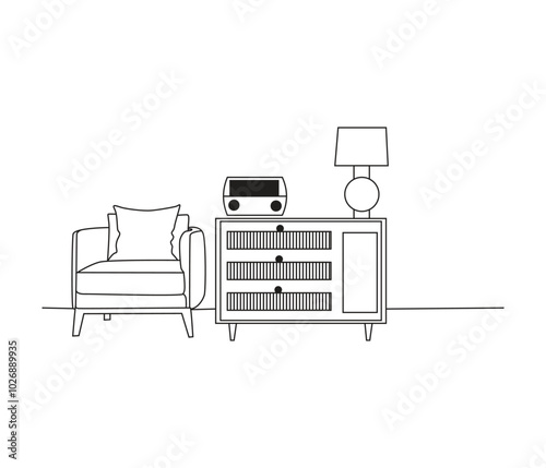 continuous one line drawing of sofa and floor lamp and table with plant. Modern interior design simple Linear style. furniture vector illustration