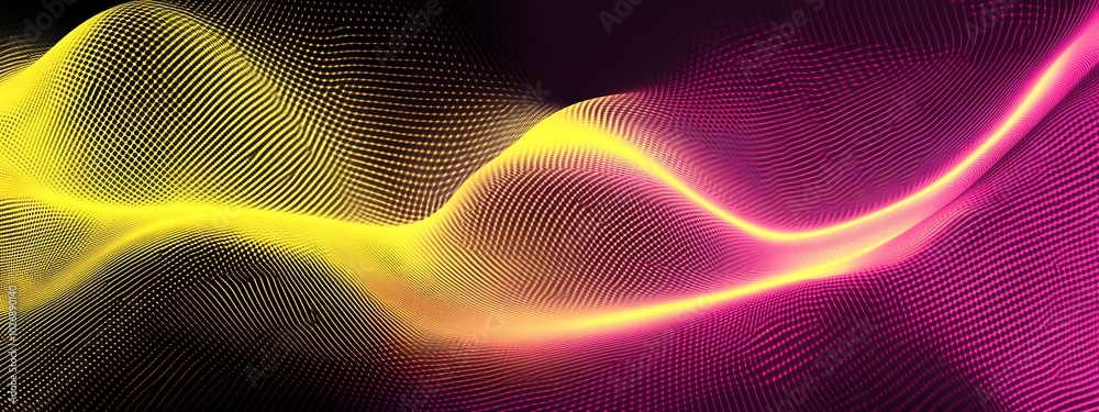 Abstract digital wave pattern with glowing yellow and pink lines on a black background. Abstract digital wave pattern with glowing yellow and pink lines on a black background.