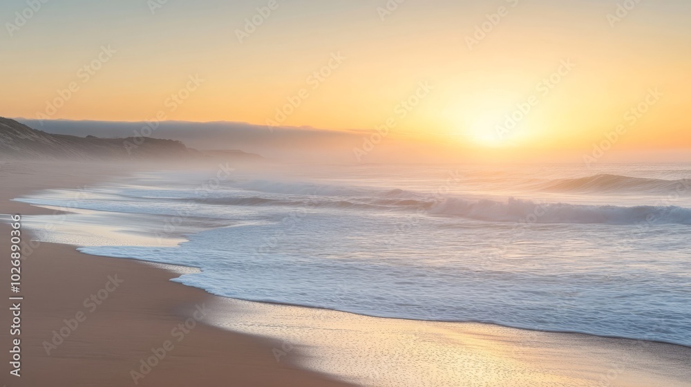 Mist-shrouded Portuguese beach at sunrise.