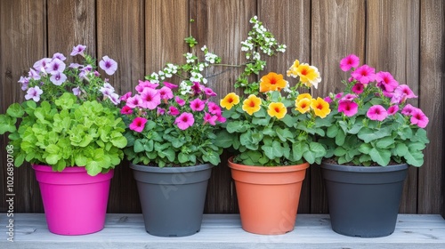 Colorful Flower Pots Against Wooden Background