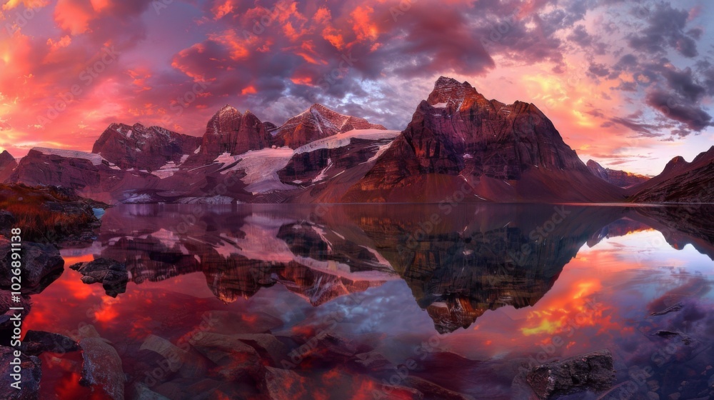 Obraz premium Majestic Alpine Glow Sunset Reflective Mountain Lake Serene Nature Scenery High Resolution Wallpaper Background