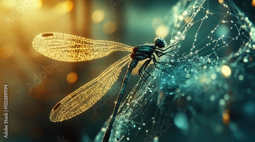 Glowing Dragonfly on Dewy Web in Sunrise Light