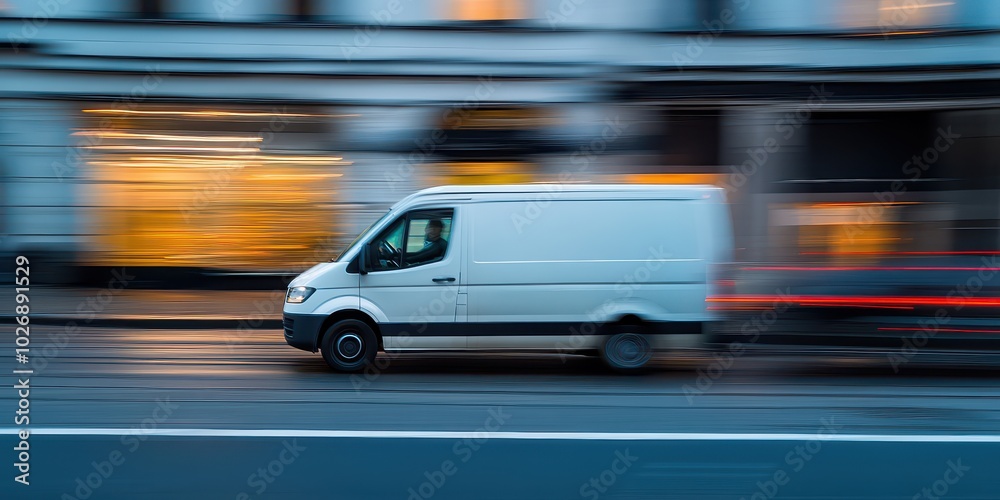 A White Minibus Navigating the Urban Landscape City Delivery in Motion A White Minibus Navigating the Urban Landscape City Delivery in Motion