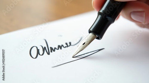 Fountain pen signing a document on white paper photo