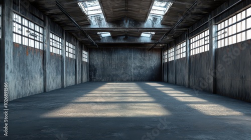 Dark Abandoned Warehouse Interior A Hauntingly Empty Space with Sunlight Streaming Through Broken Windows