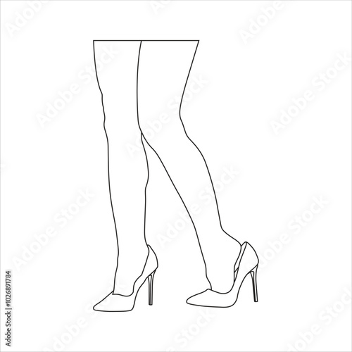 Vector illustration of outline female leg in cartoon flat style. Woman line art legs wearing shoes. Female smooth skin in tights, girl sensual foot with raised shin, woman sexy leg in tights