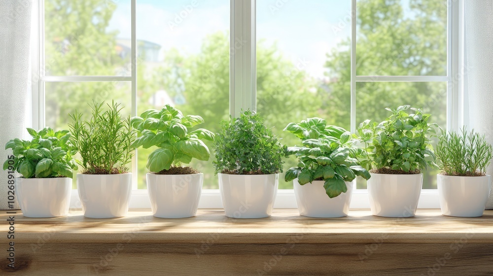 Fresh Herbs in White Pots by Bright Windowsill