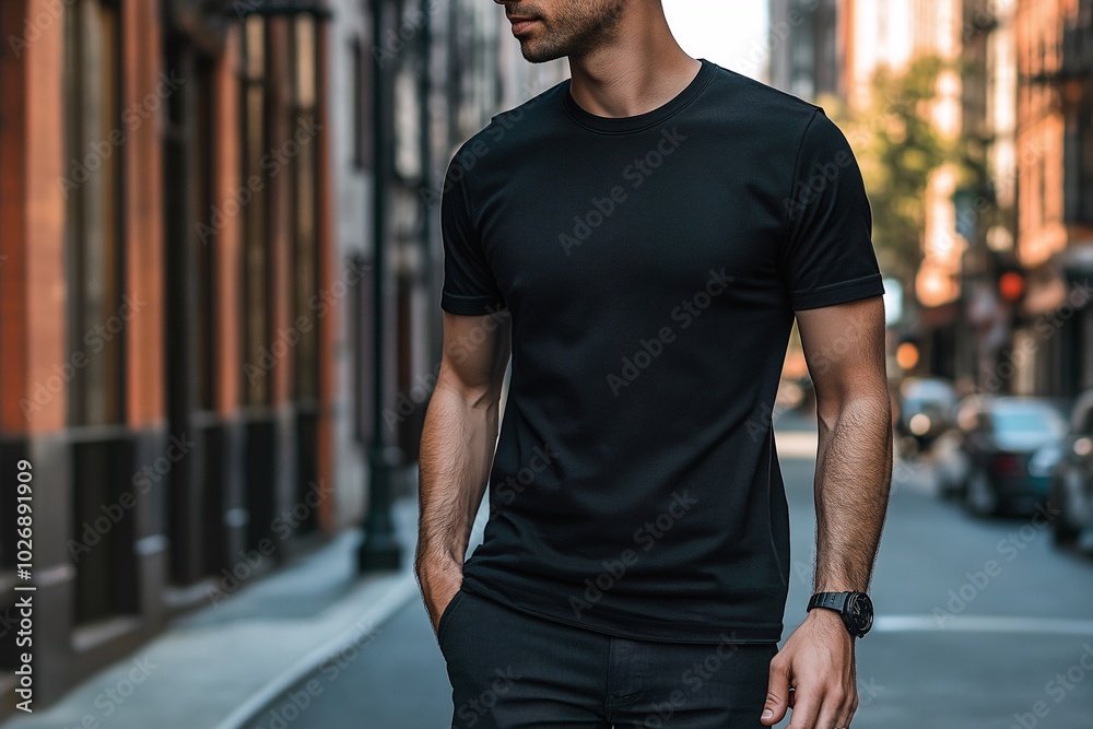 A man walking down the street in an urban setting, wearing a plain black T-Shirt, showcasing a centered logo design, t shirt mockup for design presentation, AI Generated A man walking down the street in an urban setting, wearing a plain black T-Shirt, showcasing a centered logo design, t shirt mockup for design presentation, AI Generated