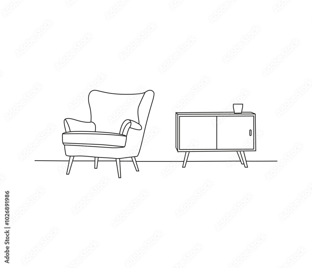 continuous one line drawing of sofa and floor lamp and table with plant. Modern interior design simple Linear style. furniture vector illustration continuous one line drawing of sofa and floor lamp and table with plant. Modern interior design simple Linear style. furniture vector illustration