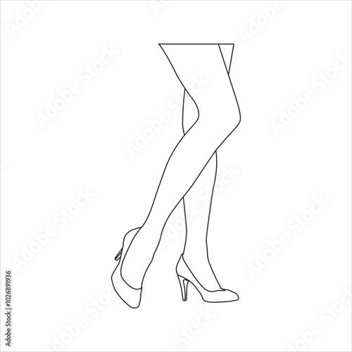 Vector illustration of outline female leg in cartoon flat style. Woman line art legs wearing shoes. Female smooth skin in tights, girl sensual foot with raised shin, woman sexy leg in tights