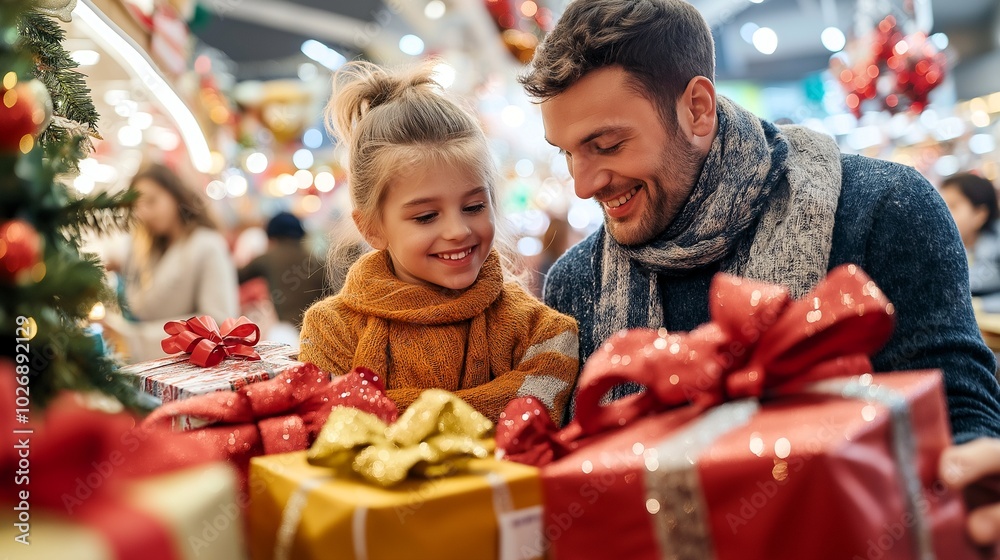 Christmas Shopping Spree.Father and Daughter's Festive Gift Hunt. Generative ai illustration. Christmas Shopping Spree.Father and Daughter's Festive Gift Hunt. Generative ai illustration.