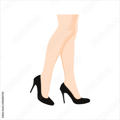 Vector illustration single female leg in cartoon flat style. Woman legs wearing shoes. Female smooth skin in tights, girl sensual foot with raised shin, woman sexy leg in tights