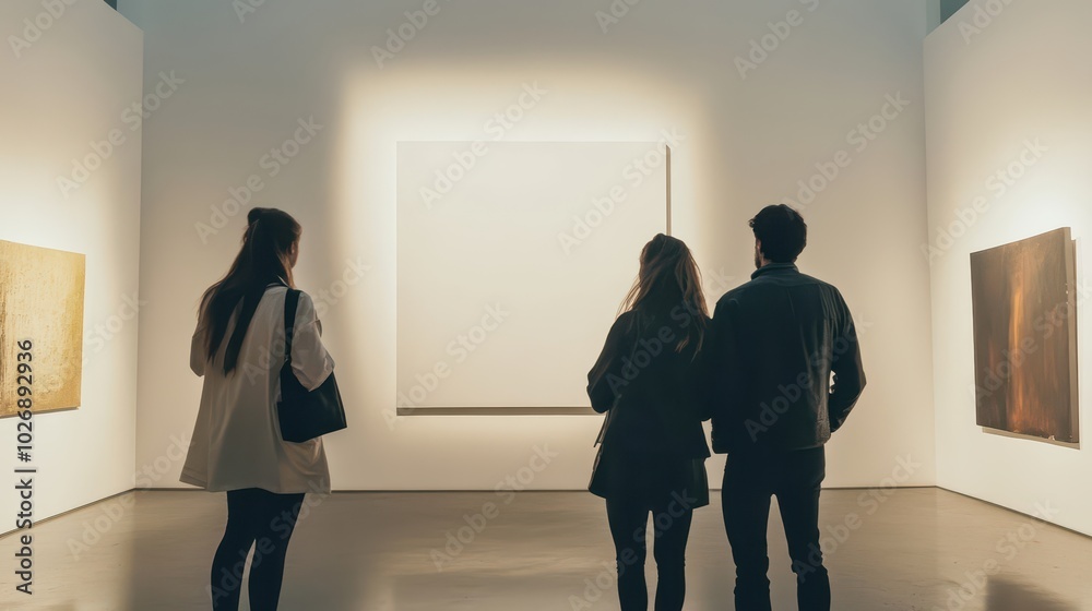 Fototapeta premium Exploring Minimalism Attendees Engaged with a Blank Canvas at a Modern Art Exhibit