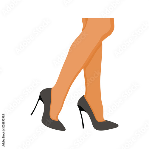 Vector illustration single female leg in cartoon flat style. Woman legs wearing shoes. Female smooth skin in tights, girl sensual foot with raised shin, woman sexy leg in tights