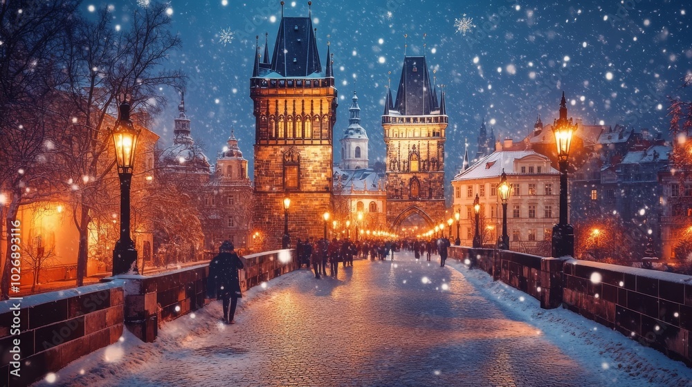 Obraz premium Gothic castle in Prague with bridge at night