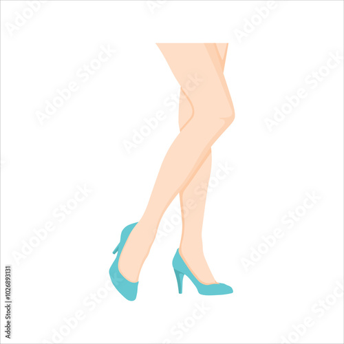 Vector illustration single female leg in cartoon flat style. Woman legs wearing shoes. Female smooth skin in tights, girl sensual foot with raised shin, woman sexy leg in tights