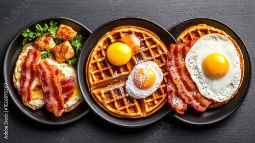 Indulge in a mouthwatering breakfast plate featuring crispy bacon, fluffy waffles, and perfectly cooked sunnysideup eggs. photo