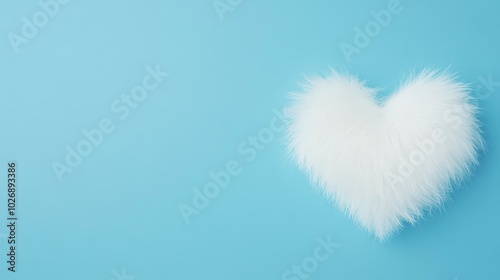 Embrace love with this fluffy white fur heart, perfect for a romantic, minimalist vibe on a soft baby blue backdrop. photo