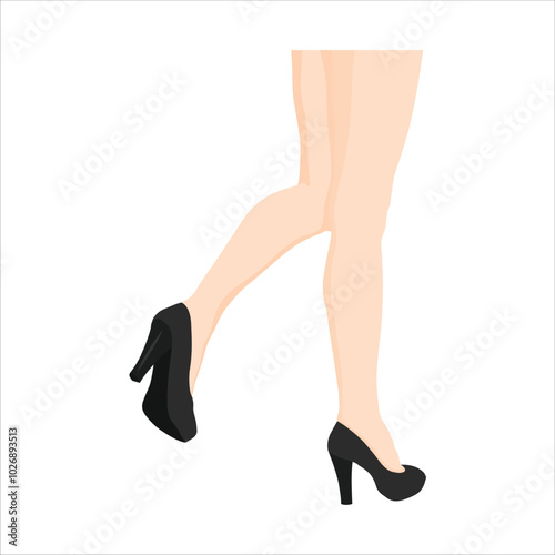 Vector illustration single female leg in cartoon flat style. Woman legs wearing shoes. Female smooth skin in tights, girl sensual foot with raised shin, woman sexy leg in tights