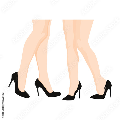 Vector illustration sets of female leg in cartoon flat style. Woman legs wearing shoes. Female smooth skin in tights, girl sensual foot with raised shin, woman leg in tights