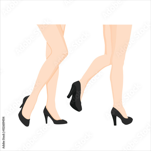 Vector illustration sets of female leg in cartoon flat style. Woman legs wearing shoes. Female smooth skin in tights, girl sensual foot with raised shin, woman leg in tights