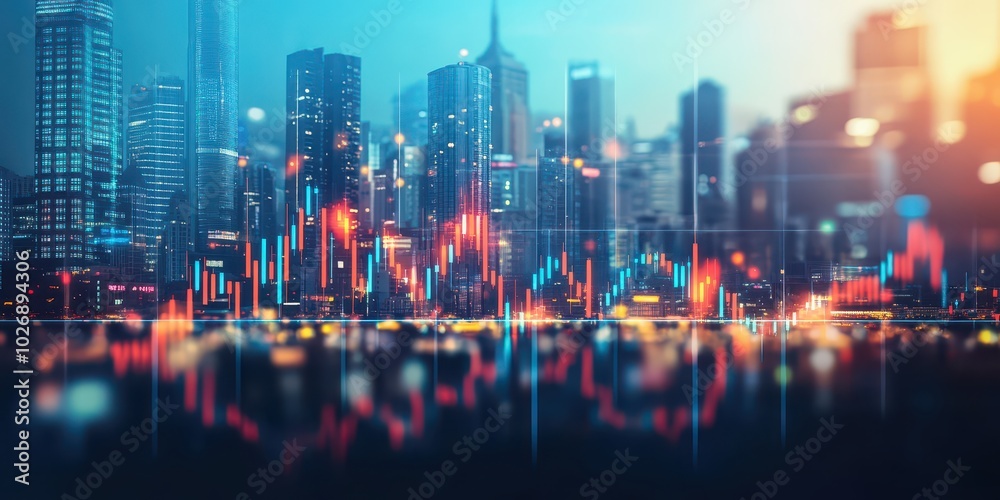 Obraz premium Blurred Background of Stock Market Business Concept with Financial Graphs and City Skyline