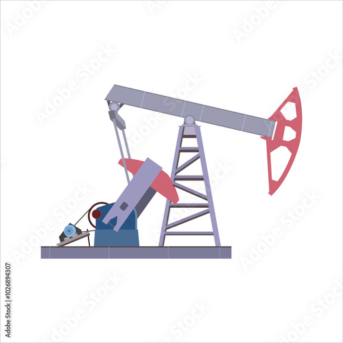 Vector illustration of oil pump in cartoon flat style. Oil and gas production facilities. Oil pump jack for oil well illustration industry. Natural and fossil fuel for energy