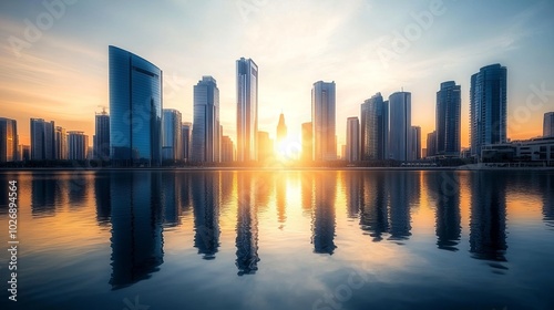 Urban Skyline at Sunset Over Calm Water Reflection