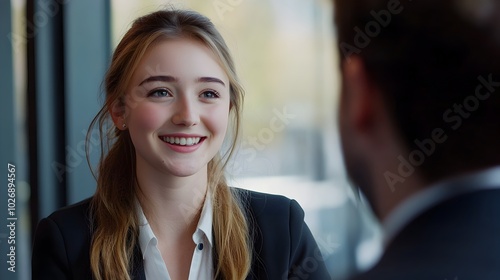 Confident Candidate Smiling During Job Interview in Modern Office Setting