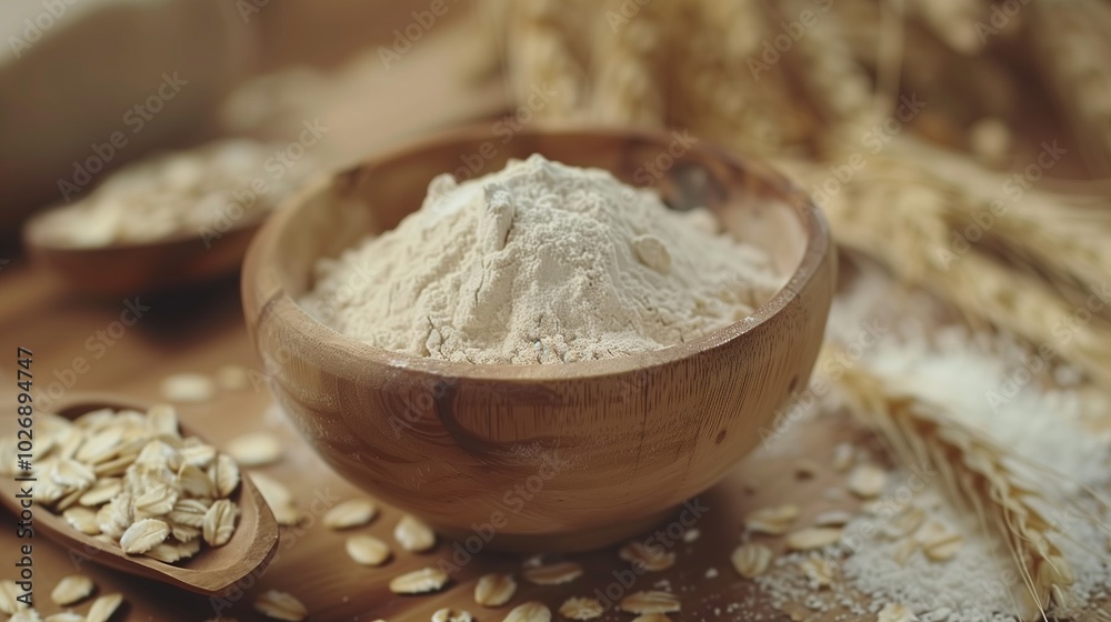 Oat flour pile on wooden bowl gluten free for baking or cooking healthy ingredient