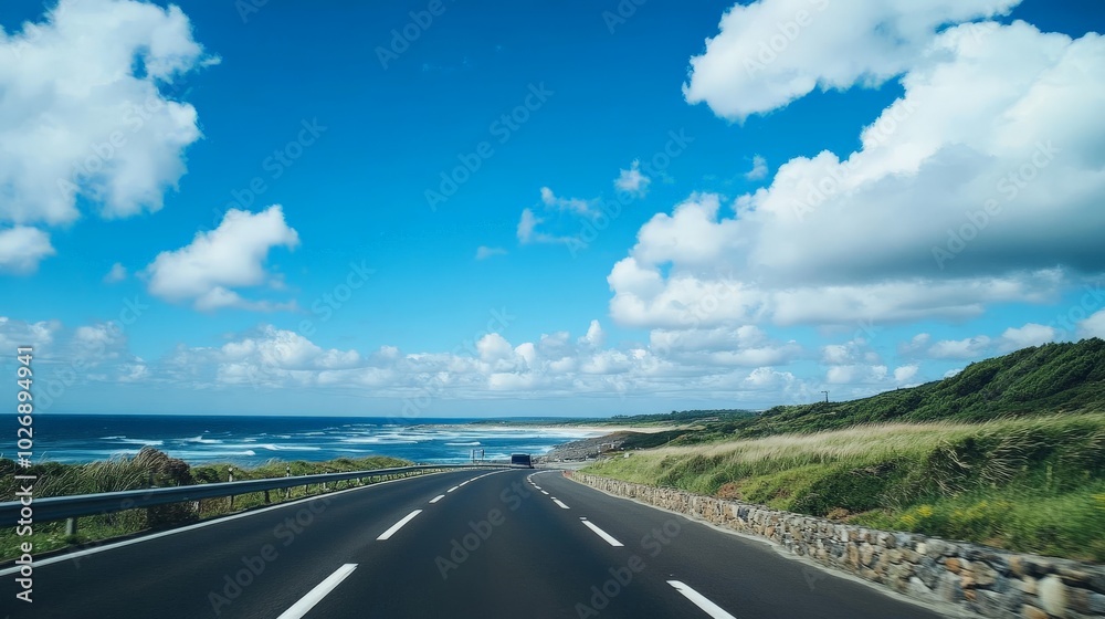 Fototapeta premium Scenic Coastal Highway Through Lush Landscapes and Vibrant Skies