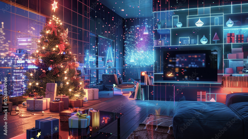 Modern festively decorated living room with glowing Christmas tree, gifts, cozy city view, holiday warmth, festive ambiance concept Modern festively decorated living room with glowing Christmas tree, gifts, cozy city view, holiday warmth, festive ambiance concept