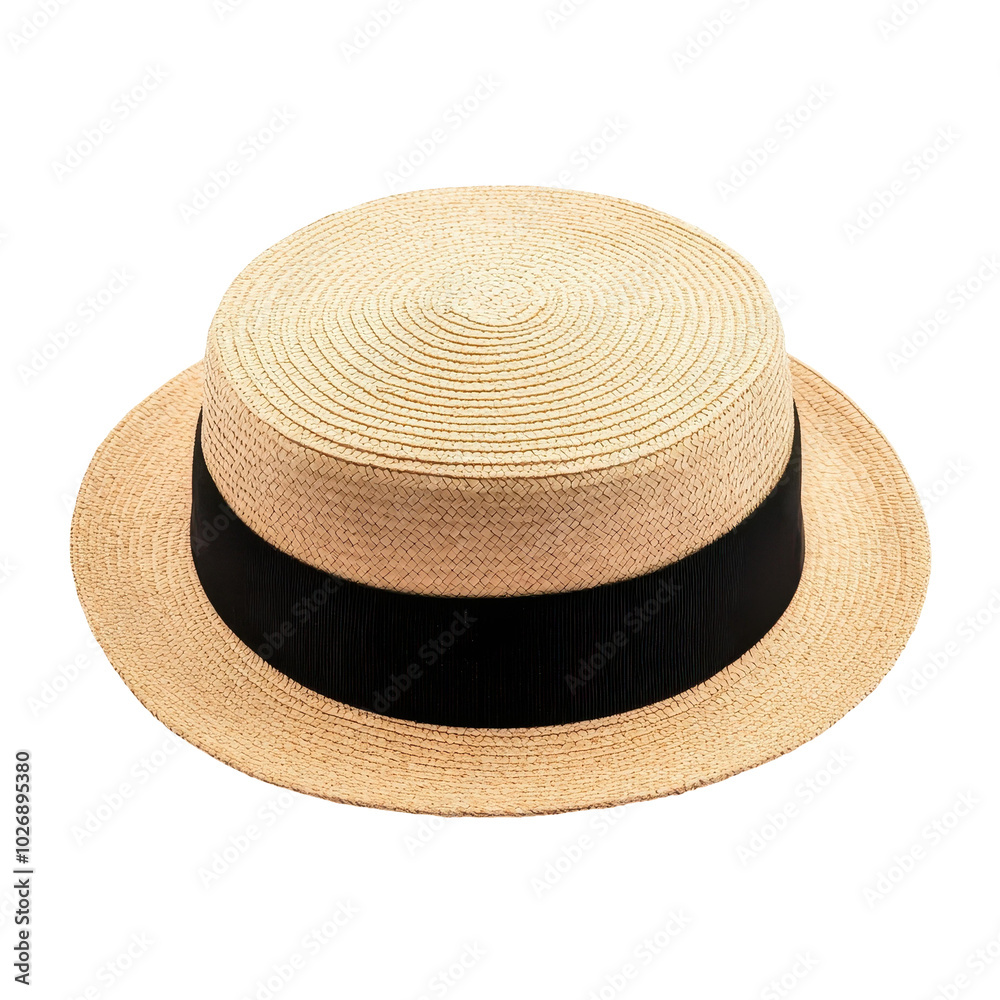 A stylish boater hat, perfect for summer days, showcasing a classic design against a crisp white backdrop. A stylish boater hat, perfect for summer days, showcasing a classic design against a crisp white backdrop.