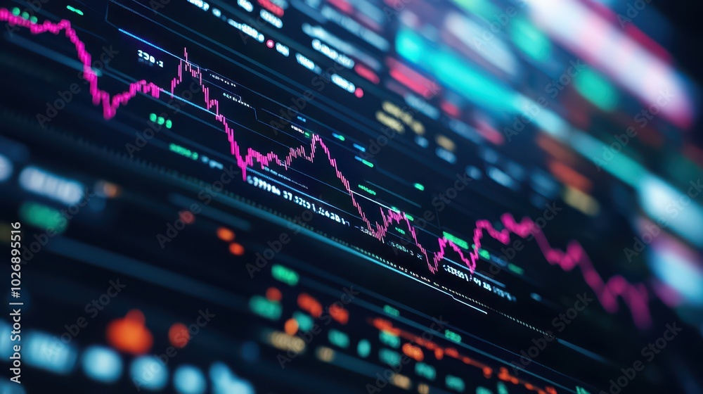 Fototapeta premium Closeup of a Digital Screen Displaying Financial Stock Market Trends and Data Analysis