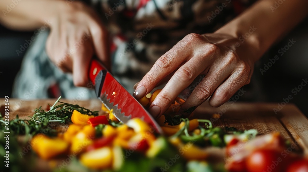 Obraz premium Woman's hands use red knife to cut yellow paprika.