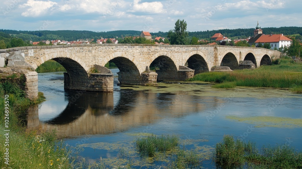 Fototapeta premium Oldest stone bridge in central Europe over River Otava, Pisek