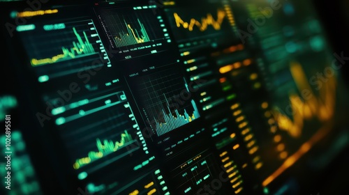 Closeup of a Digital Screen Showcasing Financial Stock Data with Dynamic Graphs and Analytics