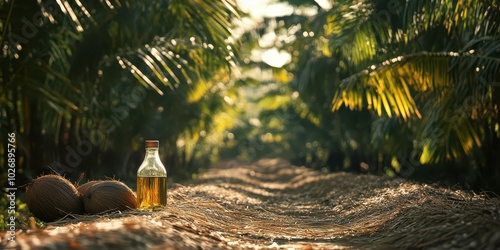 Coconut Oil Bottle Surrounded by Lush Coconut Plantation Nature's Essence Captured photo