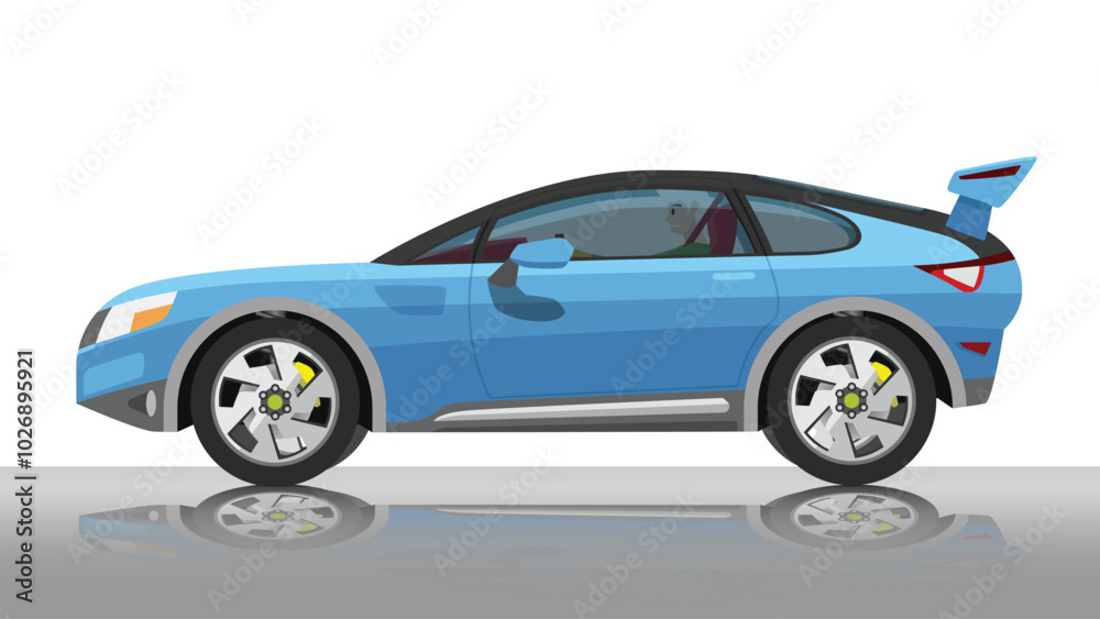 Fototapeta premium Concept vector illustration of detailed side of a flat soft blue sport car. with shadow of car on reflected from the ground below. can view interior of car with driving man. Isolated white background.