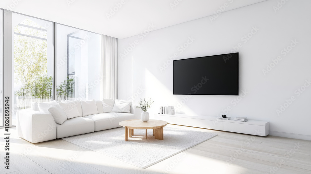 A wide shot of minimalist living room bathed in natural light, featuring white sofa, round coffee table, and large flat screen TV. serene atmosphere invites relaxation and comfort A wide shot of minimalist living room bathed in natural light, featuring white sofa, round coffee table, and large flat screen TV. serene atmosphere invites relaxation and comfort