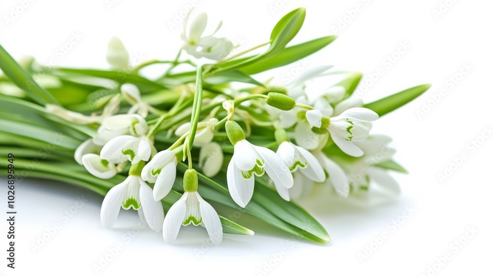 White background with liverwort and snowdrops. White background with liverwort and snowdrops.