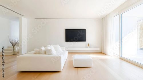 A wide shot of minimalist living room bathed in natural light, featuring sleek white sofa, small ottoman, and large television mounted on wall. space exudes tranquility and modern elegance